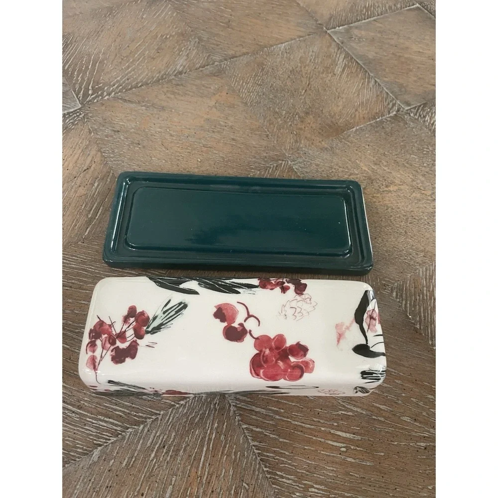 Anthropologie Holly and Pear Butter‎ Dish Green Red Multi Glazed Stoneware